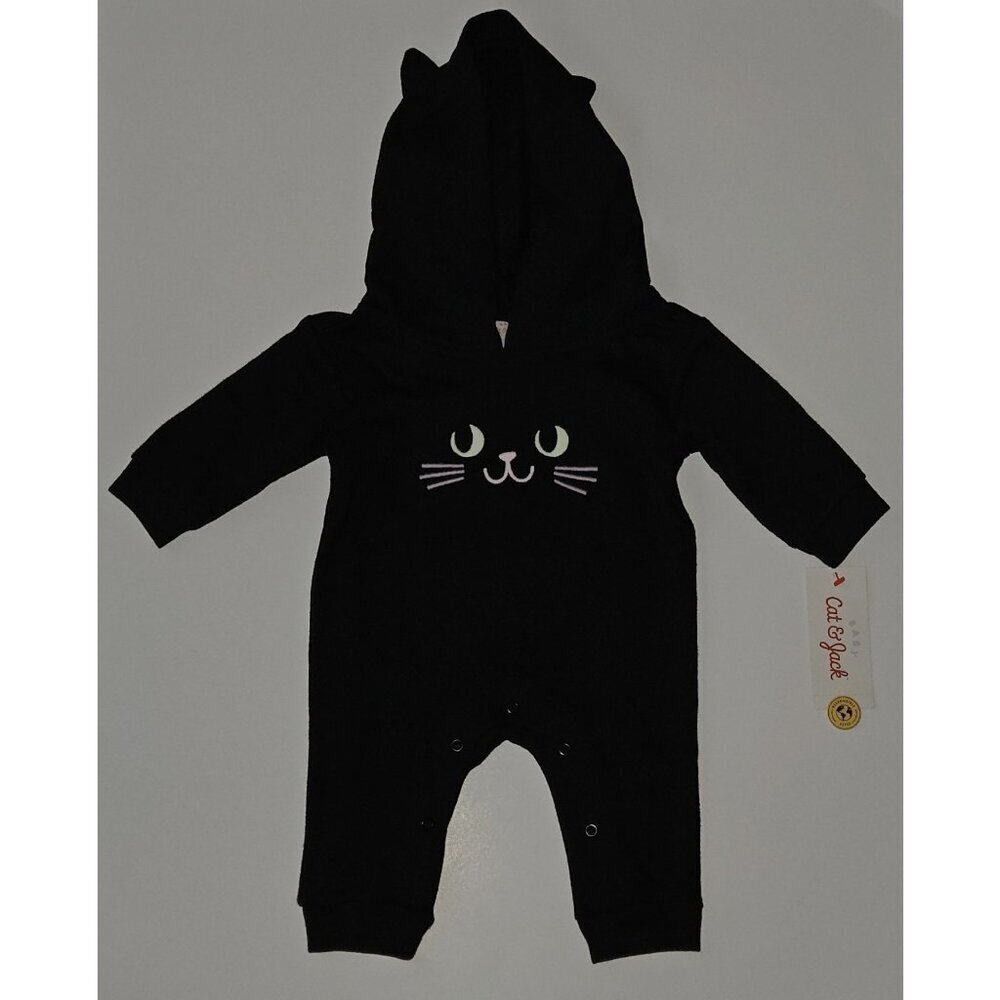 NEW Black Cat Halloween Outfit Baby Newborn Hooded Stitched PINK FACE Cat & Jack